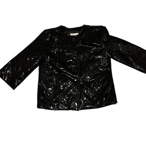 Newport News Black Quilted Vinyl Jacket Shiny Button Front Collarless Size 8‎